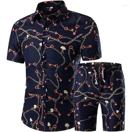 Herrspårmanträder Ställ in 2-delad knapp Kort ärmskjorta och shorts sommar lyxig oregelbunden 3D Hawaiian tryck födelsedagspresent