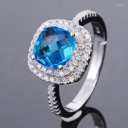 Cluster Rings Natural Real Blue Topaz Square Style Ring 925 Sterling Silver 7 7mm 2.4ct Gemstone Fine Jewelry #B8061505