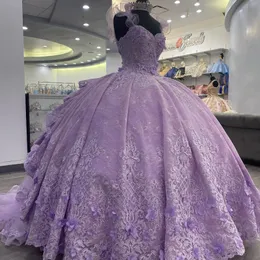 Lavender Organza Sexy Spaghetti Strap Quinceanera Dresses Ball Gown Appliques Beaded 3DFlower Birthday Party Gown Vestidos De 15 Anos