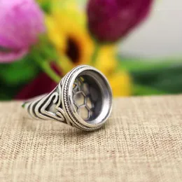 Pierścienie klastra art, nouveau srebrne 925 okrągły kabochon 14x14 mm półtapiąc retro pierścień retro na bursztynowy opalowy turkusowy DIY