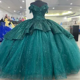 Blackish Green Shiny Sexy V-Neck Quinceanera Dresses Mexican Lace Puffy Ball Gowns Off Shoulder Applique Luxury Des XV anos