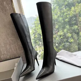 Bruxa 110mm Bvoot Preto Mulheres de couro de pele de cordeiro botas altas até o joelho sapatos com zíper lateral apontou Toe salto stiletto bota alta sapatos de designers de luxo para calçados de fábrica femininos