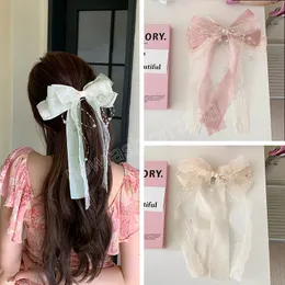 Kvinnor Mesh Bow Hair Clips Super Fairy Children Bow Glass Pärlor Spring Clip Pink Girls Hair Accessories smycken gåvor
