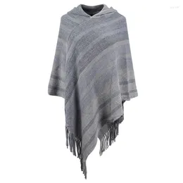 Scarves 2023 Autumn Winter Knitted Tassel Hooded Poncho Women Stripe Shawl Wrap Loose Pullover Scarf Female Sweater Cape Over Coat