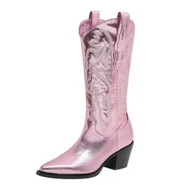 Stövlar 2024 Sliver Pink Embroider Women's Knee High Boots Chunky Heels Autumn Winter Tall Boots Point Toe Plus-storlek 34-43 230804