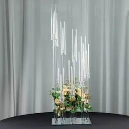 only can use led candle)Crystal 9-Arm Cluster acrylic Candelabra Floral Pedestal Stand, Square Hurricane Taper Candle Holder Stand