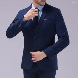 Erkekler takım 1 set şık resmi elbise kıyafeti damat yaka saf renk iki düğme blazer pantolon ince dikiş