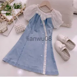 Flickans klänningar Kids Girls Lace Denim Dress 2021 Ny ankomst tonårsflickor Princess Lace Stitching Blue Jean Casual Dress Elegant Age för 418Y X0806