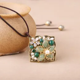 Colares com Pingente de Pedra Natural Vintage Chinês Clássico Corte Estilo Feito à Mão Mulher Menina Colar Collier Suéter Corrente