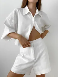 Women's T Shirts Solid Cotton Casual Women Sets Lapel Neck Shirt High Waist Loose Shorts Suits 2023 Summer Half Sleeve Short Top 2 Pieces