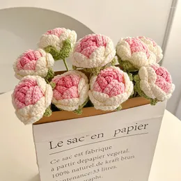 Flores decorativas 1 pç rosa de malha flor de crochê tecido à mão buquê de casamento para decoração de festa de noiva presente caseiro