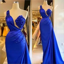 섹시한 로얄 블루 원 어깨 인어 이브닝 드레스 주름 꽃 무늬 구슬 길이 특별한 경우 공식 무도회 드레스 로브 커스텀 메이드