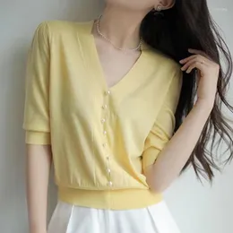 Women's T Shirts Thin V Neck Knitted Tops Korean Fashion Clothes White Shirt For Women Short Sleeve Tshirts Female Tee Femme 2023 Summer