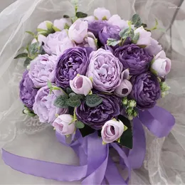 Decorative Flowers Artificial Purple Poney Bride's Bouquet Mix Colour Glamorous Wedding Boquet Sposa