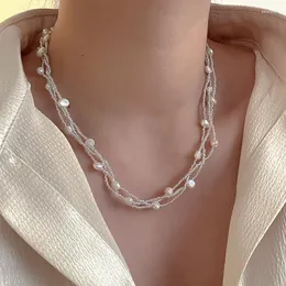 Girocollo ALLME Elegante collana con ciondoli di perle d'acqua dolce barocche multistrato perline per gioielli da donna