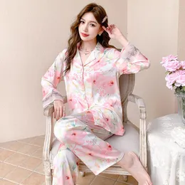 Kvinnors sömnkläder pyjamas springis silk high end persika yau yao ougen garn skarvad klass temperament satin chiffon hem möbler