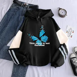 Erkek Hoodies Mavi Kelebek Karikatür Baskılı Hoodie Y2K Moda Kadınlar Slogan Bu hikaye bitmedi Graphic Pullover Sweatshirt