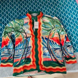 Högkvalitativ casablanca -skjortor Färg Crayon Beach Palm Sunset Landscape Långärmad skjorta T230806