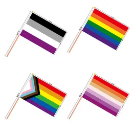 Banner Flags aerxrbrae özel el bayrağı 100pcs 14*21cm plastik çubuk gökkuşağı el bayrağı eşcinsel lezbiyen biseksüel gurur el bayrağı 230804