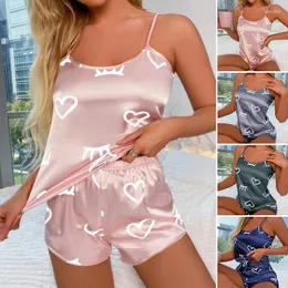 Sexy Women's Sleepwear Ladies Lenceria Satin 2 Piece Pajama Set Lingerie Sleeveless Babydoll Pajamas Summer Ice Silk Cami Top Shorts Suit Nightwear 744