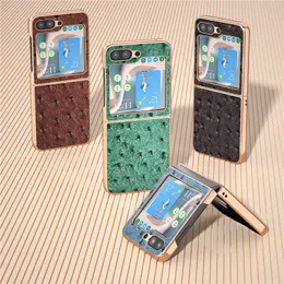 Luxury Retro Genuine Leather Vogue Phone Case for Samsung Galaxy Folding Z Flip5 Flip3 Flip4 5G Durable Full Protective Soft Bumper Ostrich Grain Plating Fold Shell