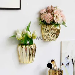 Vaser Creative Europeanstyle Golden Wall Hanging Ceramic Vase Smooth and Exquisite Panel Ornament Fake Flowerpot Mural Decoration X0806