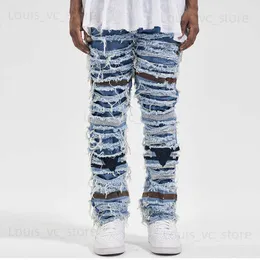 Rétro déchiré creux effiloché jeans décontractés trou pour hommes pantalons en denim en détresse streetwear baggy lavé jean pantalon T230806