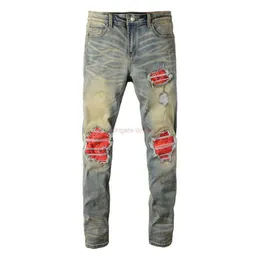 Designerkläder amires jeans denim byxor gamla beige trendiga herr jeans amr ungdom smal fit hål lapp små ben byxor amies nödläge11