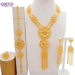 Wedding Jewelry Sets Luxury Crystal Flower Dubai Gold Color For Women Bridal Long Tassel Necklace African Arab Party Gifts 230804