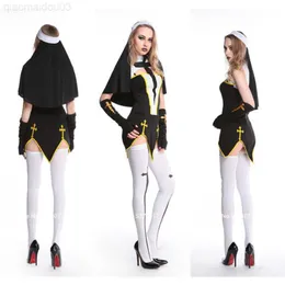 Costume a tema Cristo Religione Adulto Halloween Suora Sorella Cosplay Vieni per le donne Festa di carnevale Croce stampata Copricapo sexy Calzini Gonna Set L230804