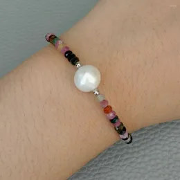 Bangle Handmased Armband Natural 10-11mm White Freshwater Pearl 2x4mm Facetter Multicolour Tourmaline 19cm Justera lås