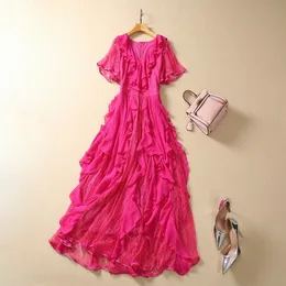 2023 outono rosa quente vestido de renda com painéis manga curta decote em v babados midi vestidos casuais S3G040804 tamanho grande XXL