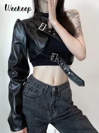 Giacche da donna Weekeep Gothic Black PU Leather Jacket Donna Monospalla Halter Buckle Hip Hop Abiti Fashion Streetwear Cropped Solid 230804