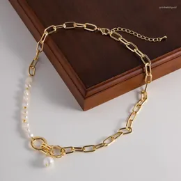 Choker Allme Chic Sisicmmetric Real Freshwater Pearl for Women 14Kゴールドメッキブラスホローリンクチェーンネックレス