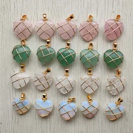 Natural Stone Heart Charms Crystal opal Agate Rose Quartz Beads Pendant Handmade Wire Gold Color Wire Wrapped for Jewelry Marking