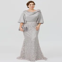 Элегантные серебряные шелковые атласные кружевные платья матери и размер мама невесты платья платья с жалкой