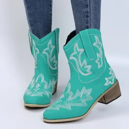 Ladies 501 ricamato a punta occidentale di punta vintage stivali da cowboy inverno tacco quadrato casual slip-on botas mujer 230807