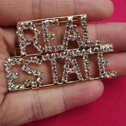 Pins Brooches GRANDBLING Occupations Theme Crystal Brooch "REAL ESTATE" Word Lapel Pin Unique Professions Gift HKD230807