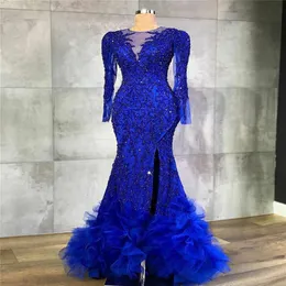 2020 Royal Blue Long Sleeves Mermaid Prom Dress Sexy Spitze Appliqued Abendkleid High Side Split Formale Party Dress241O