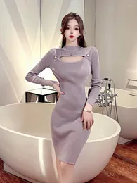 Vestidos Casuais Chegada Outono Coreano Luxo Vestido Sexy Elegante Malha Roupas Femininas Ocas Moda Fina Bainha Vestidos