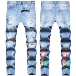 American Hip Hop Style Costa oeste Hipster Men Four Ripped Stars Print Digital Imprimir pequeno Jeans reta Men Jeans Jeans Menim calças moda Fashion Trouser Top Sell