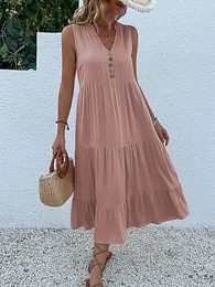 Urban Sexy Dresses Jim Nora Casual Summer Midi Dress Women Sleeveless Tank V Neck Button Ruffle Loose Dresses Beach Soild Sundress Fashion 230804