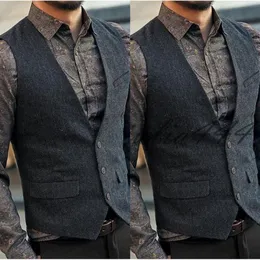 2019 Dark Gray Wool Hingringbone Tweed Steed Custom Made Mens Suit Stest Slim Groom Vests Vintage Wedding Vest Plus British Wai294f