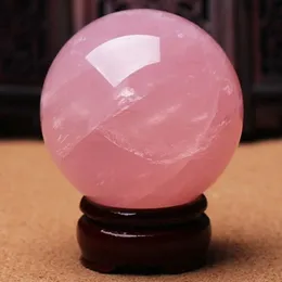 Decorative Objects Figurines Natural Pink Rose Magic Quartz Crystal Healing Ball Reiki Decor Sphere 40MM W Stand 230804