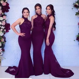 Dark Purple Halter bridesmaid dresses Long 2020 Mermaid Lace Beaded Formal Elegant Evening Dress Prom Party Wedding Guest Dress Br3514