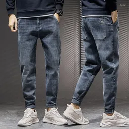 Herr jeans blå lös tjock version elastisk mjuk höst och vinterstil diagonal ficka amerikansk vintage casual byxor