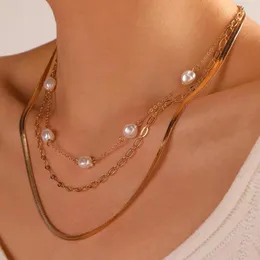 Chains Fashion Pearl Beaded Women Necklace For Girls Gold Color Multilayer Sanke Chain Clavicle Charming Choker Jewelry