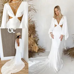 Modern strandsjöjungfru bröllopsklänningar enkla crepe fläckar sexig snitt bohemisk sommarlovssemester grekisk brudklänning rue de seine244z