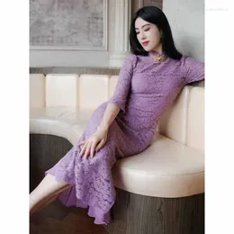 Ubranie etniczne fioletowe eleganckie kobiety koronkowe cheongsam nowoczesne młode dziewczyny szczupłe sukienki imprezowe