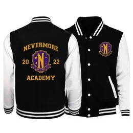 Mens Jackets onsdag Addams Nevermore Academy TV Series Baseball Uniform Jacket Långärmad tröjor Cosplay Men Womens kläder 230804